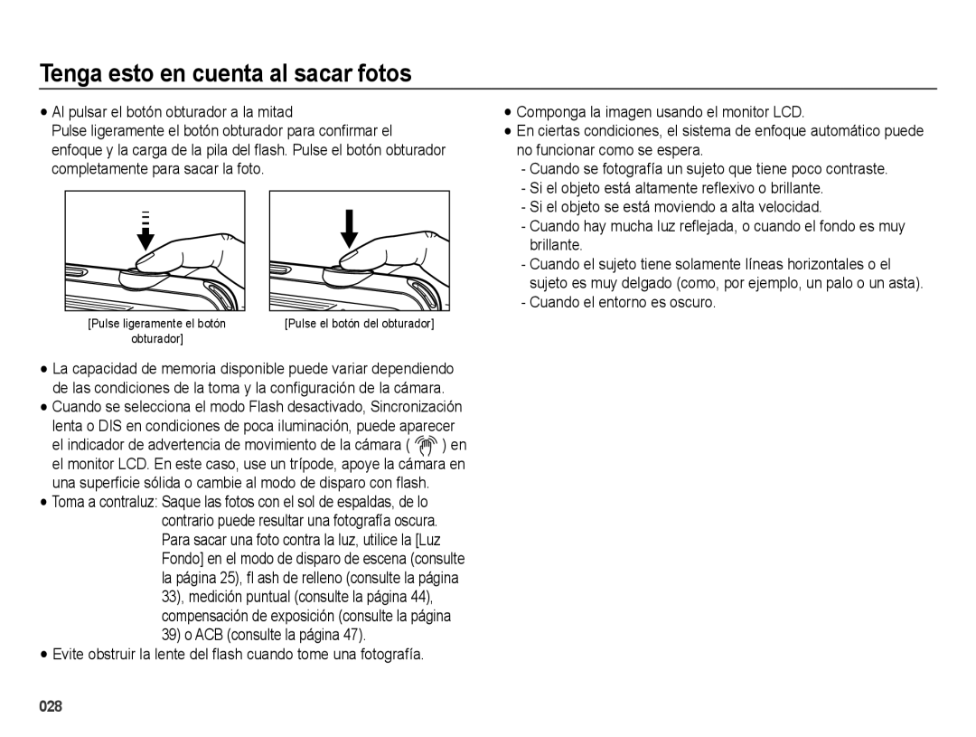 Samsung EC-ES75ZZBPOE1, EC-ES75ZZBPSE1, EC-ES75ZZBPBE1, EC-ES74ZZBDBE1, EC-ES75ZZBPUE1 Tenga esto en cuenta al sacar fotos 