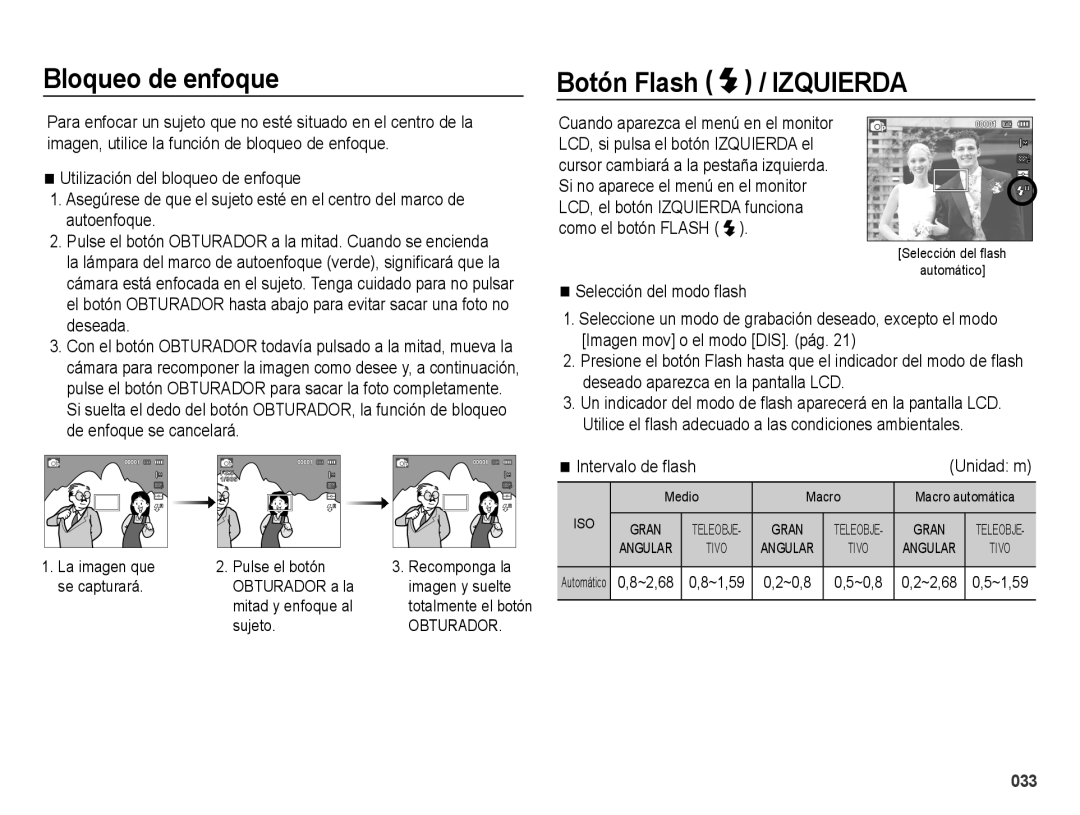 Samsung EC-ES75ZZBPOE1 Bloqueo de enfoque, Botón Flash / Izquierda, Selección del modo ﬂash, Intervalo de ﬂash, Unidad m 