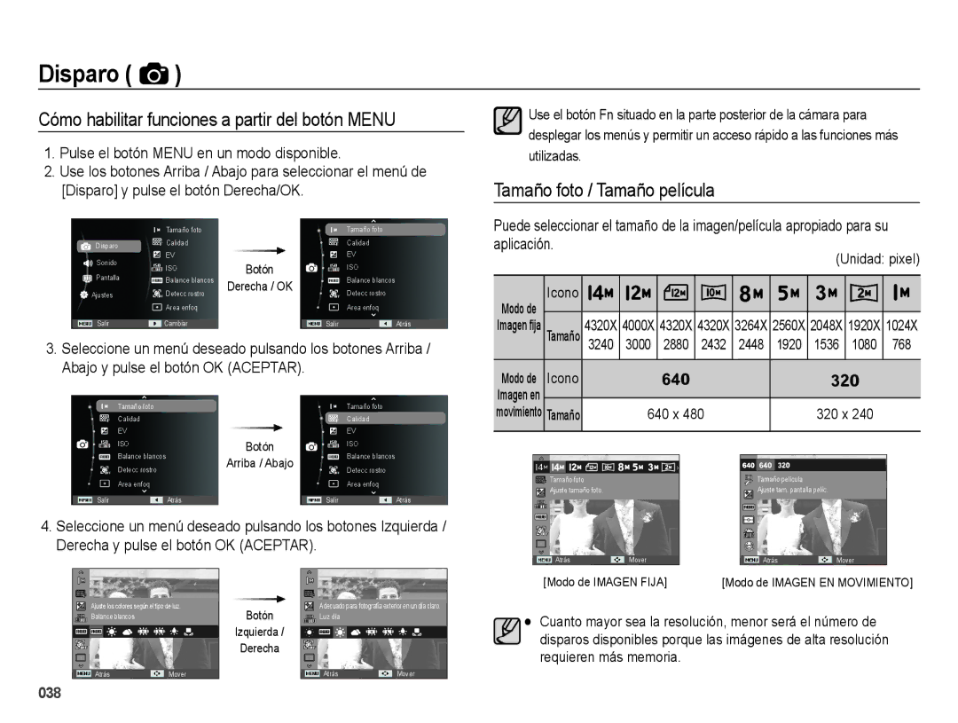 Samsung EC-ES75ZZBPOE1 manual Cómo habilitar funciones a partir del botón Menu, Tamaño foto / Tamaño película, Unidad pixel 