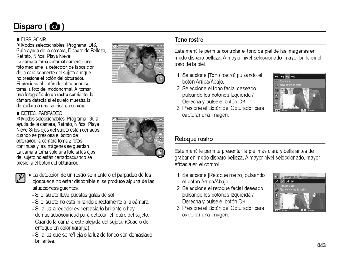 Samsung EC-ES75ZZBPOE1, EC-ES75ZZBPSE1, EC-ES75ZZBPBE1, EC-ES74ZZBDBE1, EC-ES75ZZBPUE1 manual Tono rostro, Retoque rostro 