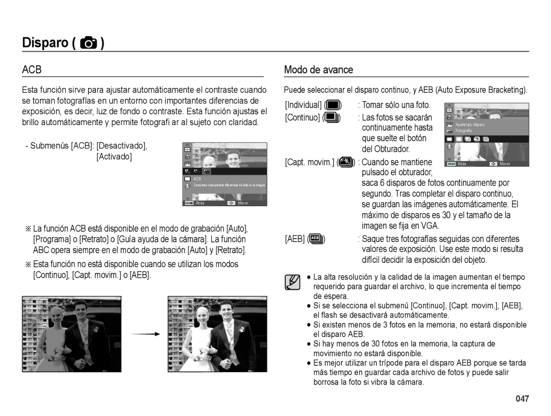 Samsung EC-ES75ZZBPUE1 Modo de avance, Del Obturador, Imagen se ﬁja en VGA, Aeb, Difícil decidir la exposición del objeto 