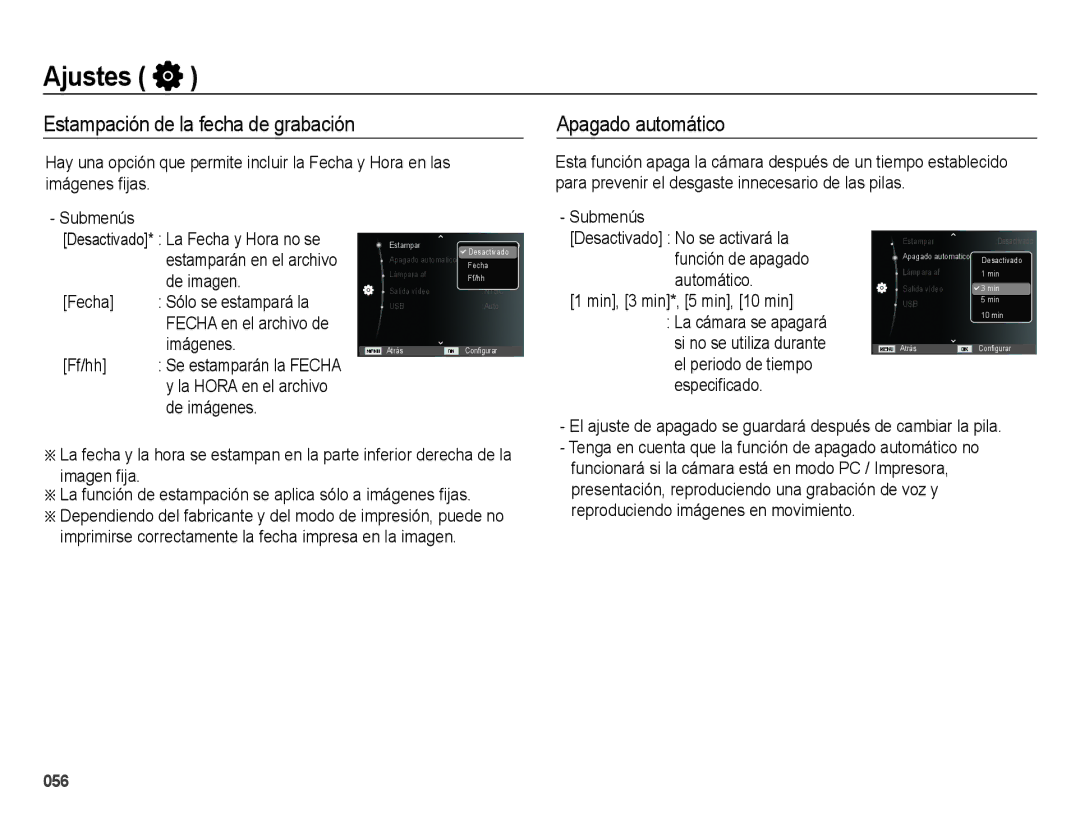 Samsung EC-ES74ZZBDBE1, EC-ES75ZZBPSE1, EC-ES75ZZBPBE1 manual Estampación de la fecha de grabación, Apagado automático 