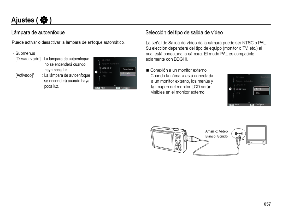 Samsung EC-ES75ZZBPUE1, EC-ES75ZZBPSE1, EC-ES75ZZBPBE1 manual Lámpara de autoenfoque, Selección del tipo de salida de vídeo 