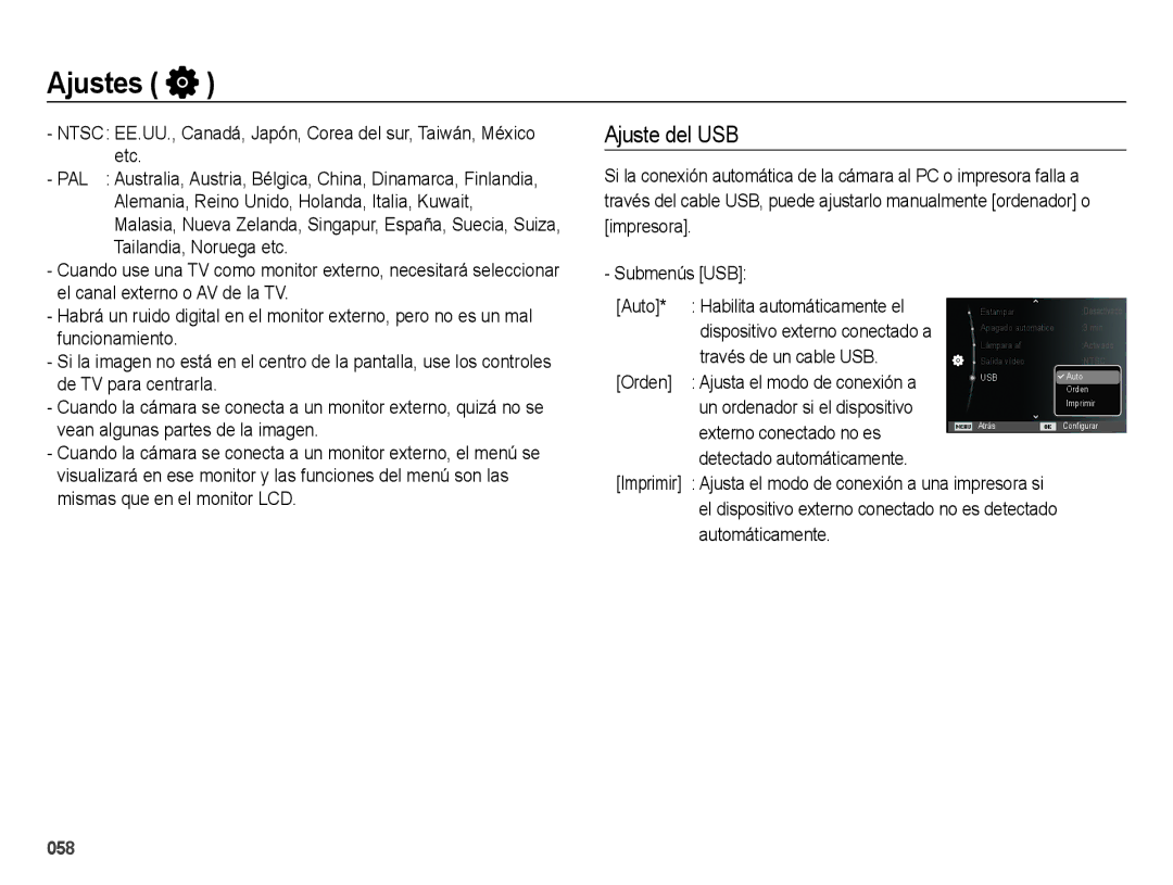 Samsung EC-ES75ZZBPOE1, EC-ES75ZZBPSE1 manual Ajuste del USB, PAL Australia, Austria, Bélgica, China, Dinamarca, Finlandia 