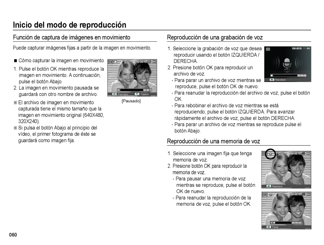 Samsung EC-ES75ZZBPBE1, EC-ES75ZZBPSE1 Función de captura de imágenes en movimiento, Reproducción de una grabación de voz 