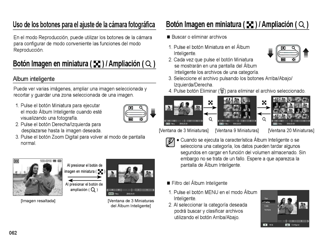 Samsung EC-ES75ZZBPUE1 manual Album inteligente, Pulse el botón Derecha/Izquierda para, Pantalla de Álbum Inteligente 