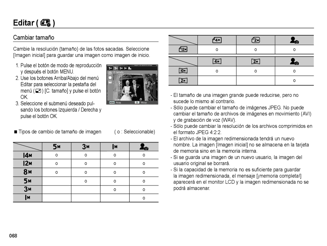 Samsung EC-ES75ZZBPOE1, EC-ES75ZZBPSE1, EC-ES75ZZBPBE1, EC-ES74ZZBDBE1, EC-ES75ZZBPUE1 manual Editar, Cambiar tamaño 