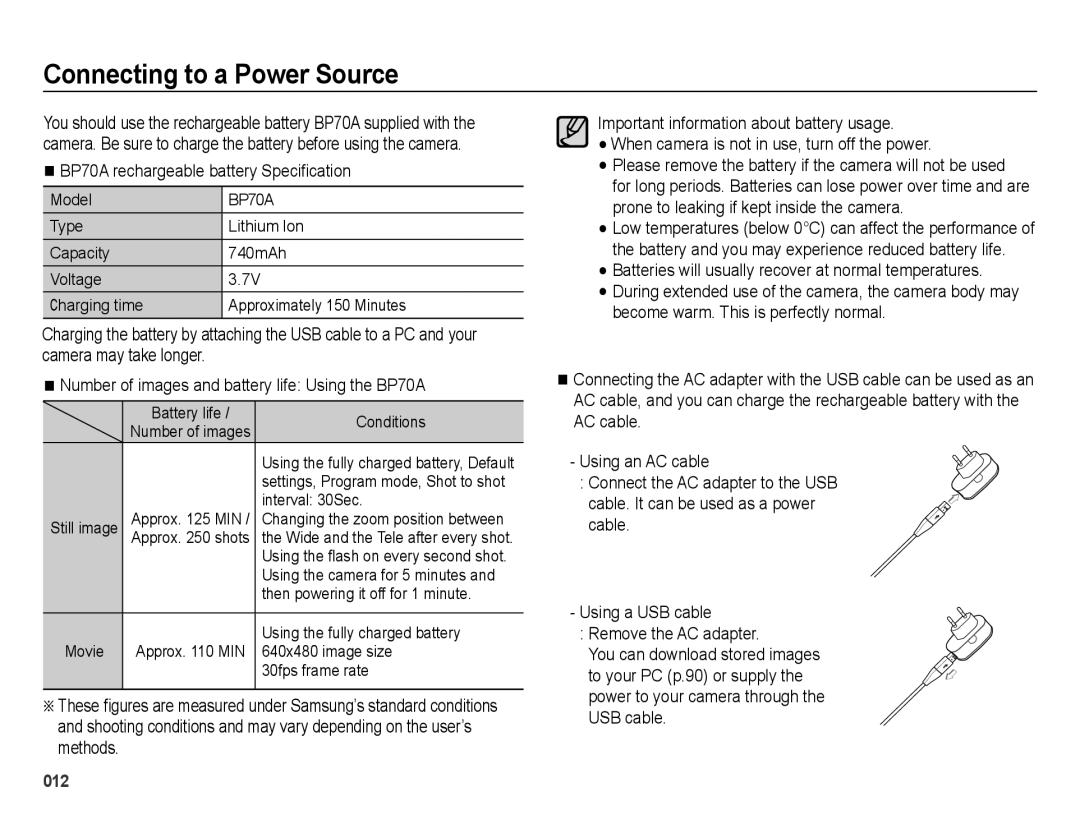 Samsung EC-ES75ZZBPSZA, EC-ES75ZZBPSE1 manual Connecting to a Power Source, BP70A rechargeable battery Speciﬁcation 