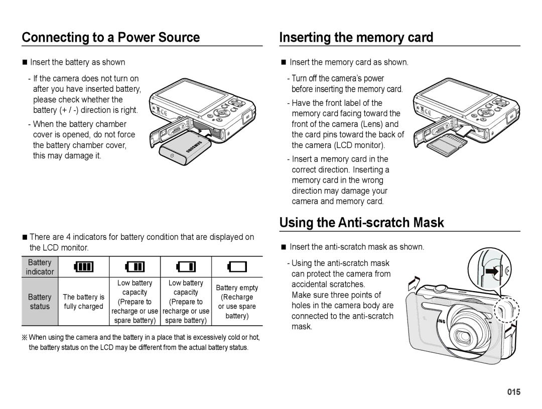 Samsung EC-ES75ZZBPRDY, EC-ES75ZZBPSE1 Inserting the memory card, Using the Anti-scratch Mask, Insert the battery as shown 