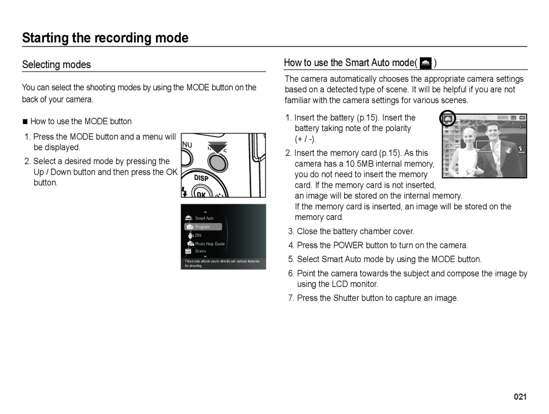 Samsung EC-ES75ZZDPSME, EC-ES75ZZBPSE1 manual Starting the recording mode, Selecting modes, How to use the Smart Auto mode 