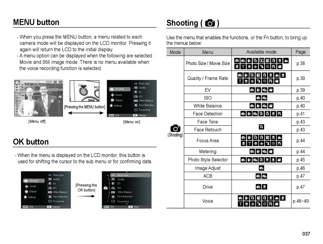 Samsung EC-ES75ZZBPBE2, EC-ES75ZZBPSE1 Menu button, OK button, Shooting, Mode Menu Available mode Photo Size / Movie Size 