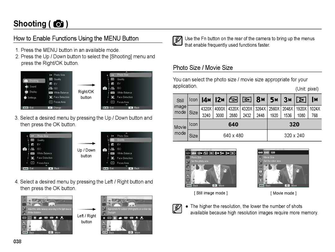 Samsung EC-ES75ZZBPBRU, EC-ES75ZZBPSE1 How to Enable Functions Using the Menu Button, Photo Size / Movie Size, 768, 640 x 