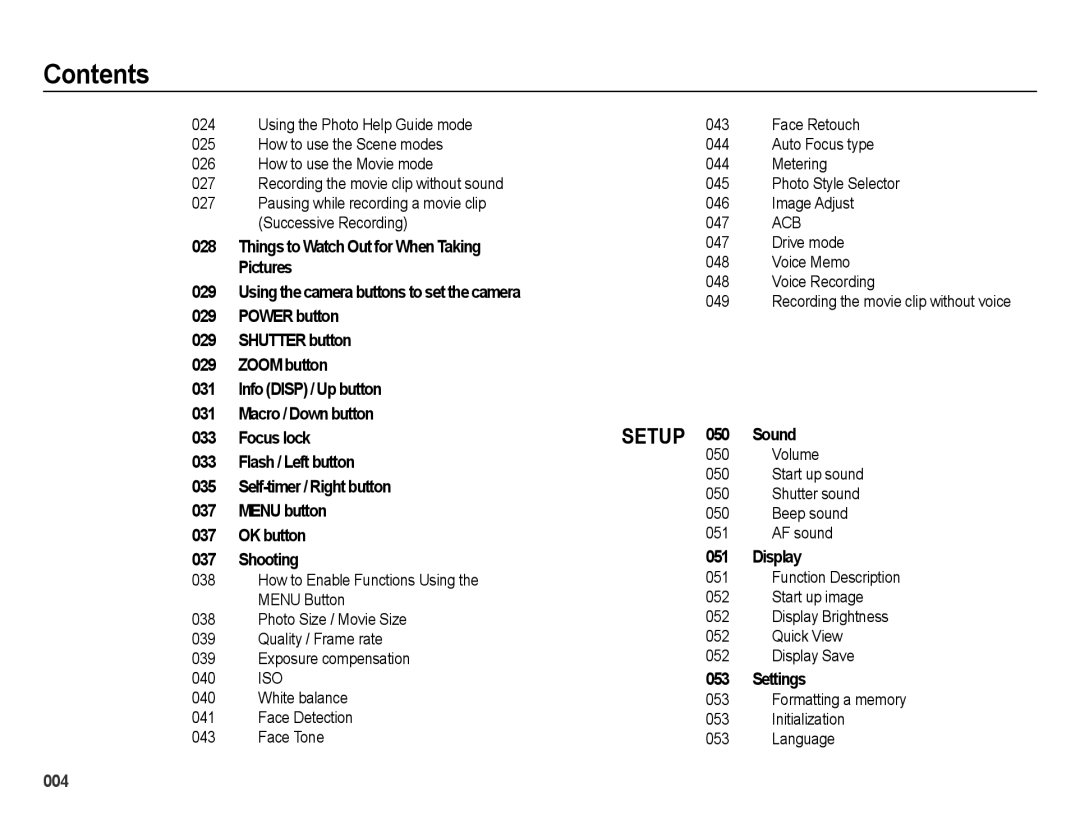 Samsung EC-ES75ZZBPBZA manual Setup 050 Sound, Display, Settings, Volume Start up sound Shutter sound Beep sound AF sound 