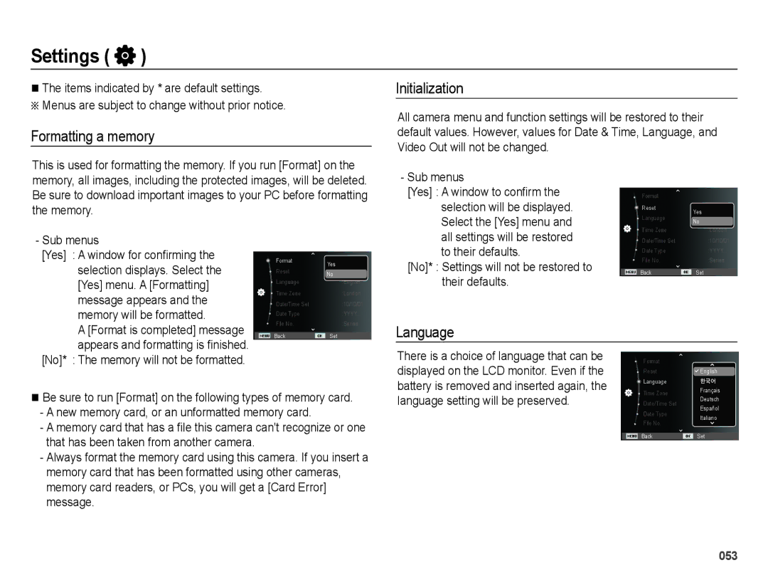 Samsung EC-ES75ZZBPOIT, EC-ES75ZZBPSE1, EC-ES75ZZBPBE1 manual Settings, Formatting a memory Initialization, Language 