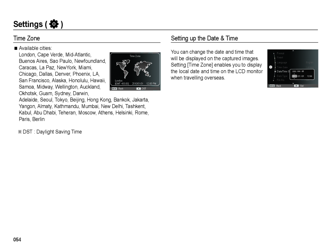 Samsung EC-ES75ZZBPBIT manual Time Zone Setting up the Date & Time, Available cities London, Cape Verde, Mid-Atlantic 