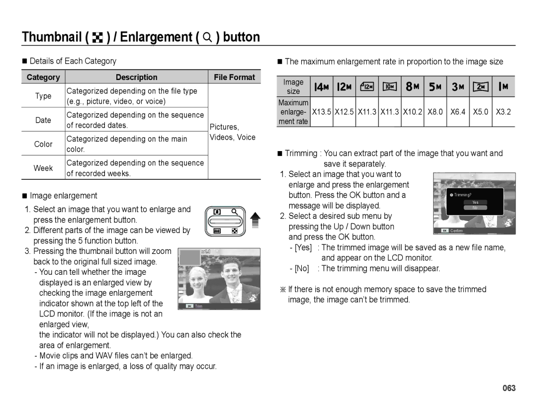 Samsung EC-ES75ZZBPRDY, EC-ES75ZZBPSE1 manual Details of Each Category, Image enlargement, Button. Press the OK button and a 