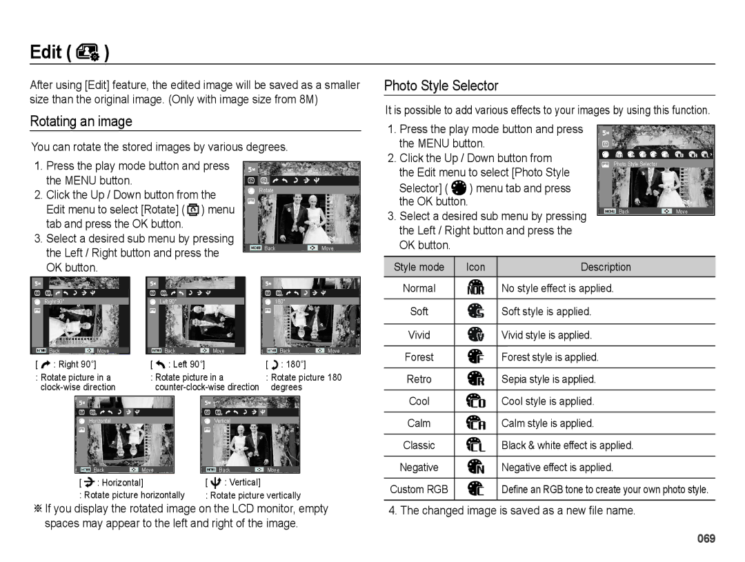 Samsung EC-ES75ZZDPSME, EC-ES75ZZBPSE1, EC-ES75ZZBPBE1, EC-ES75ZZBPRZA, EC-ES74ZZBDBE1, EC-ES75ZZBPUE1 manual Rotating an image 