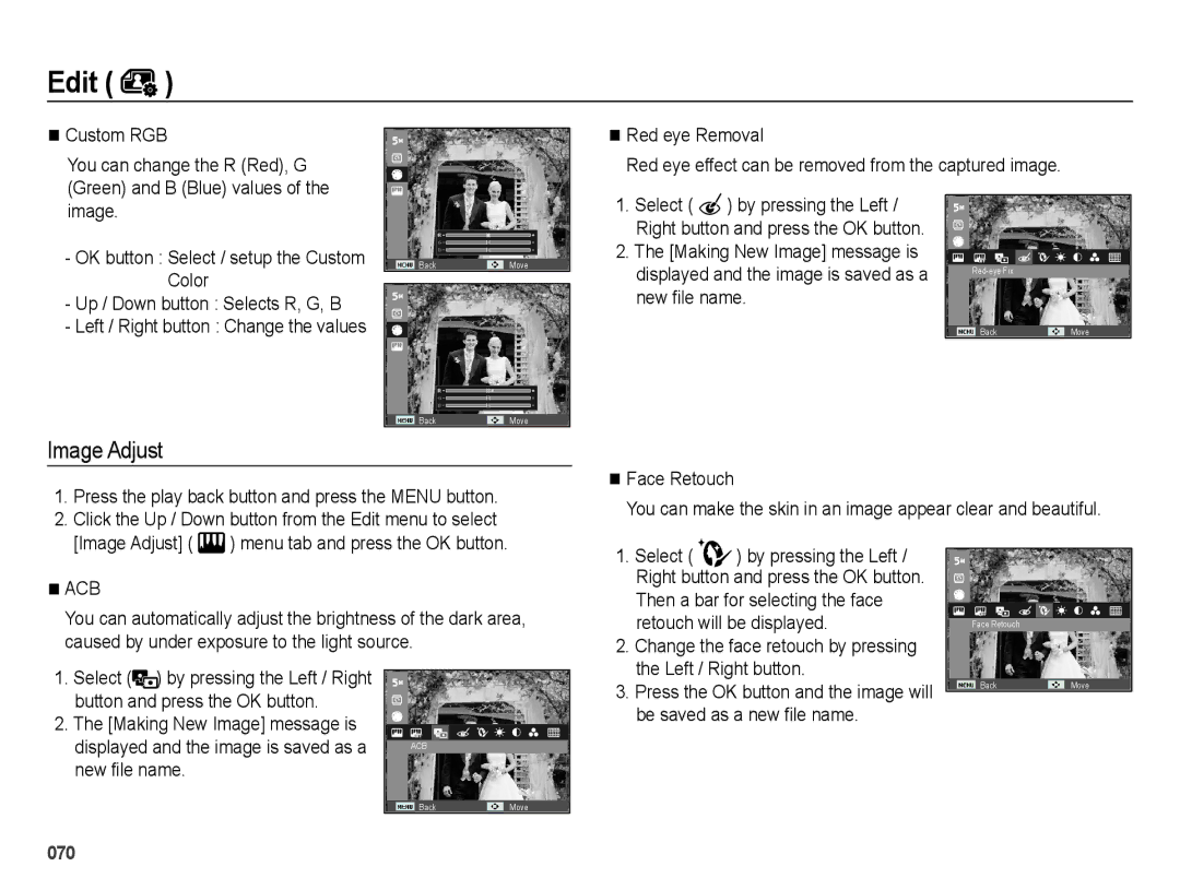 Samsung EC-ES75ZZDPUIR manual New file name, Face Retouch, Change the face retouch by pressing the Left / Right button 