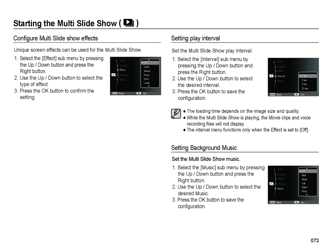 Samsung EC-ES75ZZBPSDZ, EC-ES75ZZBPSE1 Conﬁgure Multi Slide show effects, Setting play interval, Setting Background Music 