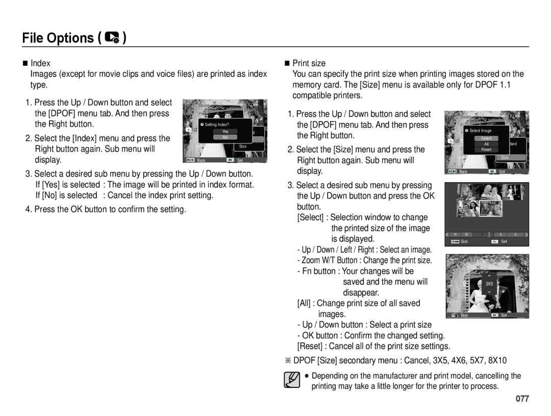 Samsung EC-ES75ZZDPSIR manual Up / Down button Select a print size, Dpof Size secondary menu Cancel, 3X5, 4X6, 5X7 