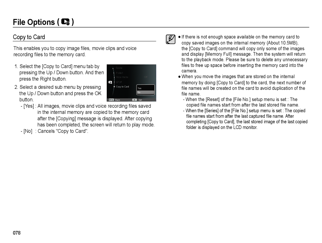 Samsung EC-ES75ZZDPUME, EC-ES75ZZBPSE1, EC-ES75ZZBPBE1, EC-ES75ZZBPRZA, EC-ES74ZZBDBE1 manual No Cancels Copy to Card 