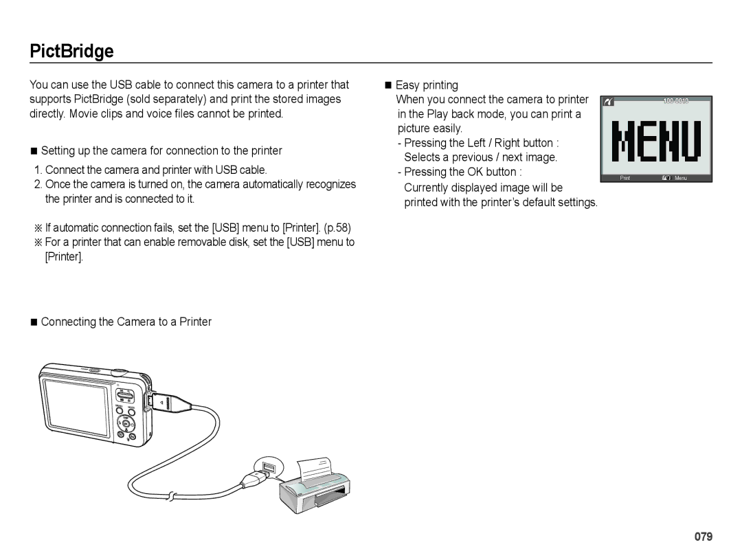 Samsung EC-ES75ZZBDSVN, EC-ES75ZZBPSE1, EC-ES75ZZBPBE1, EC-ES75ZZBPRZA, EC-ES74ZZBDBE1, EC-ES75ZZBPUE1 manual PictBridge 