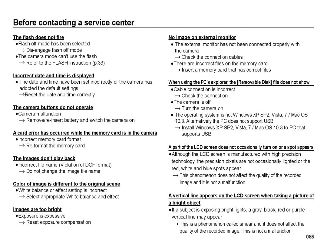 Samsung EC-ES75ZZBPBE2 manual Flash does not fire, Incorrect date and time is displayed, Camera buttons do not operate 