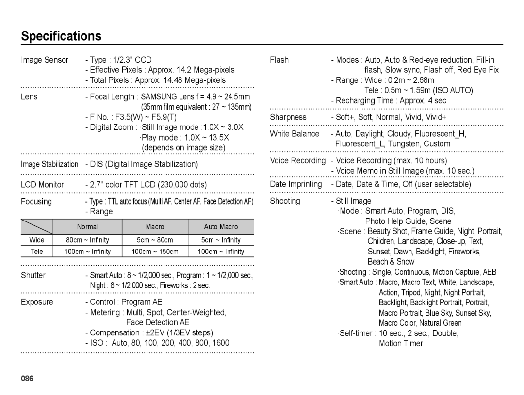 Samsung EC-ES75ZZBPBRU, EC-ES75ZZBPSE1, EC-ES75ZZBPBE1, EC-ES75ZZBPRZA, EC-ES74ZZBDBE1, EC-ES75ZZBPUE1 manual Speciﬁcations 