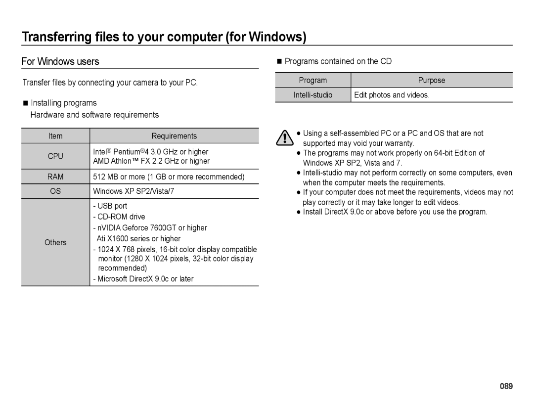 Samsung EC-ES75ZZBPSRU Transferring ﬁles to your computer for Windows, For Windows users, Programs contained on the CD 