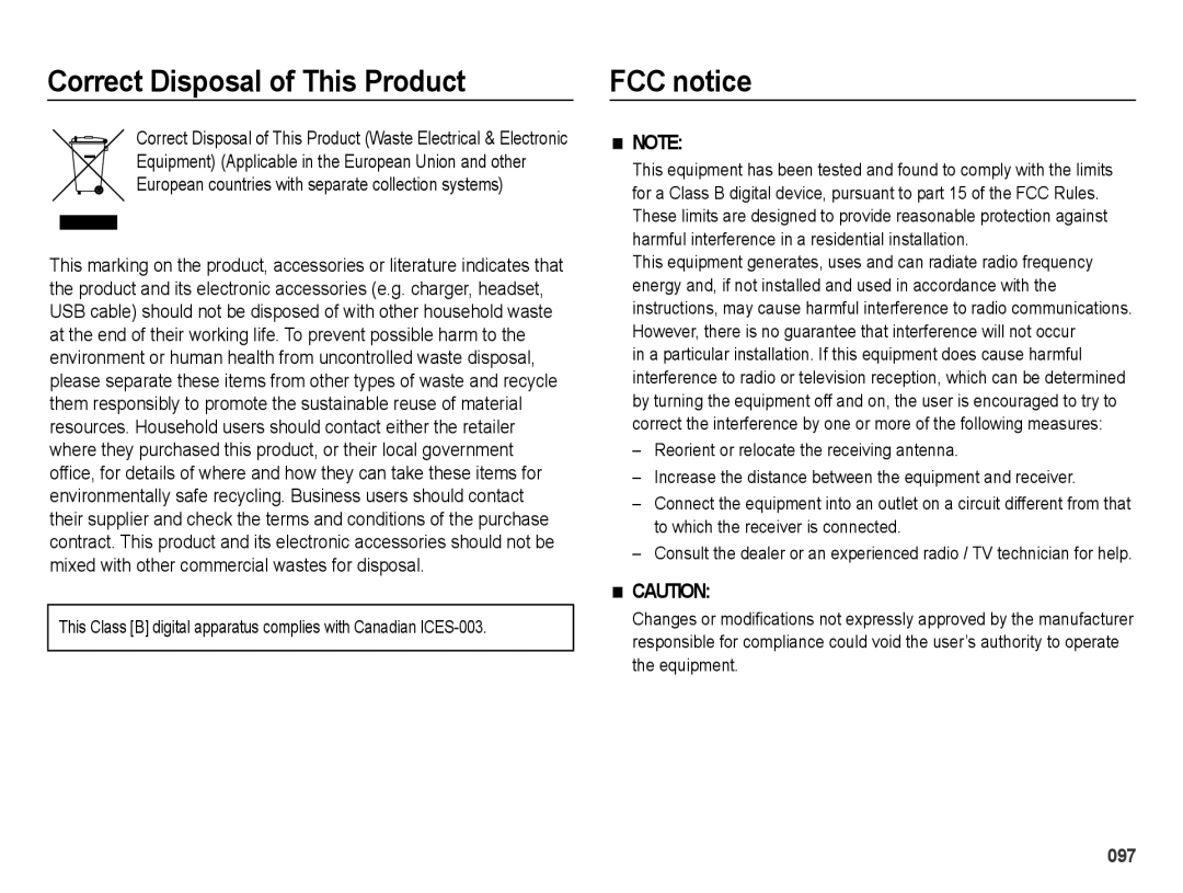 Samsung EC-ES75ZZBPRZA, EC-ES75ZZBPSE1, EC-ES75ZZBPBE1, EC-ES74ZZBDBE1 manual Correct Disposal of This Product, FCC notice 