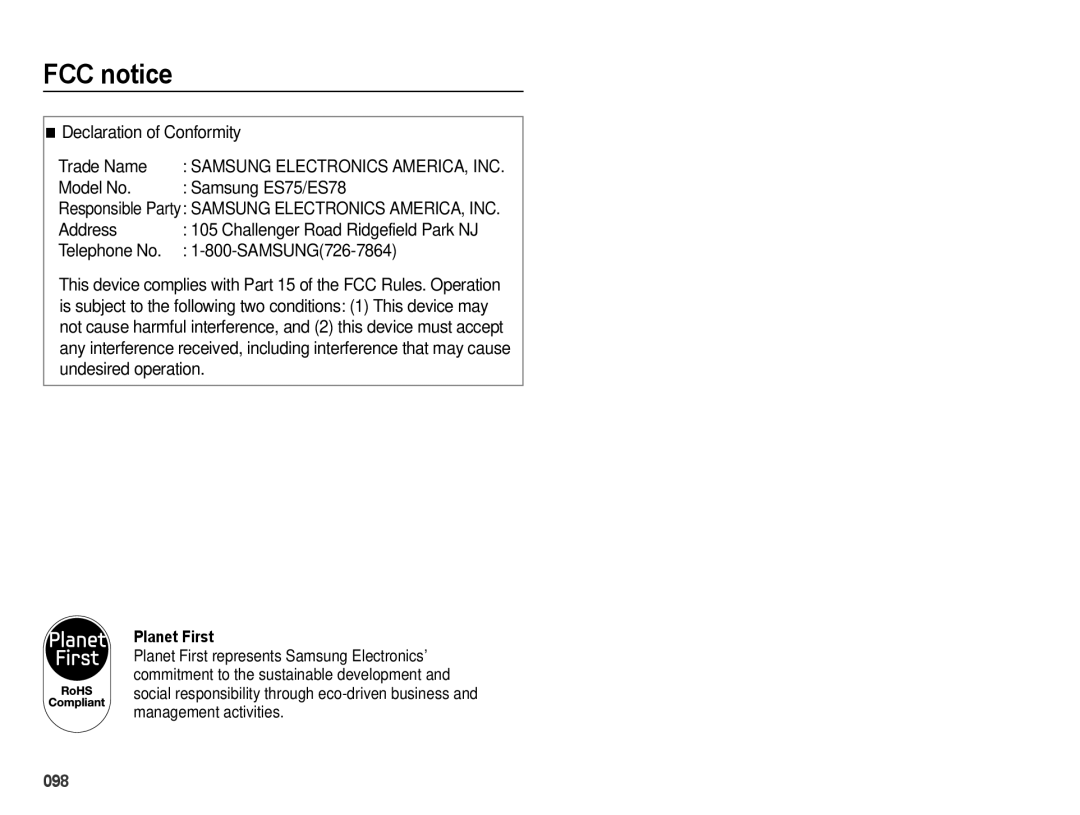 Samsung EC-ES74ZZBDBE1, EC-ES75ZZBPSE1 manual Declaration of Conformity Trade Name, Model No Samsung ES75/ES78, Address 