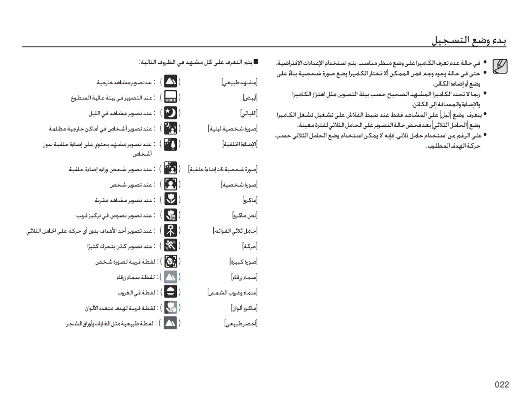 Samsung EC-ES75ZZBPBSA, EC-ES75ZZBPSE1, EC-ES75ZZBPBE1 manual ةيلاتلا فورظلا يف دهشم لك ىلع فرعتلا متي, مئاوقلا يثلاث لماح 