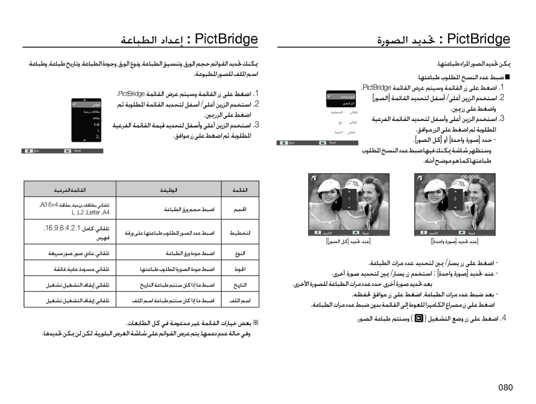 Samsung EC-ES75ZZBPUE1, EC-ES75ZZBPSE1 manual ةعابطلا دادعإ PictBridge, ينيم رزلا ىلع طغضا, قفاوم رز ىلع طغضامث ،ةبولطلما 