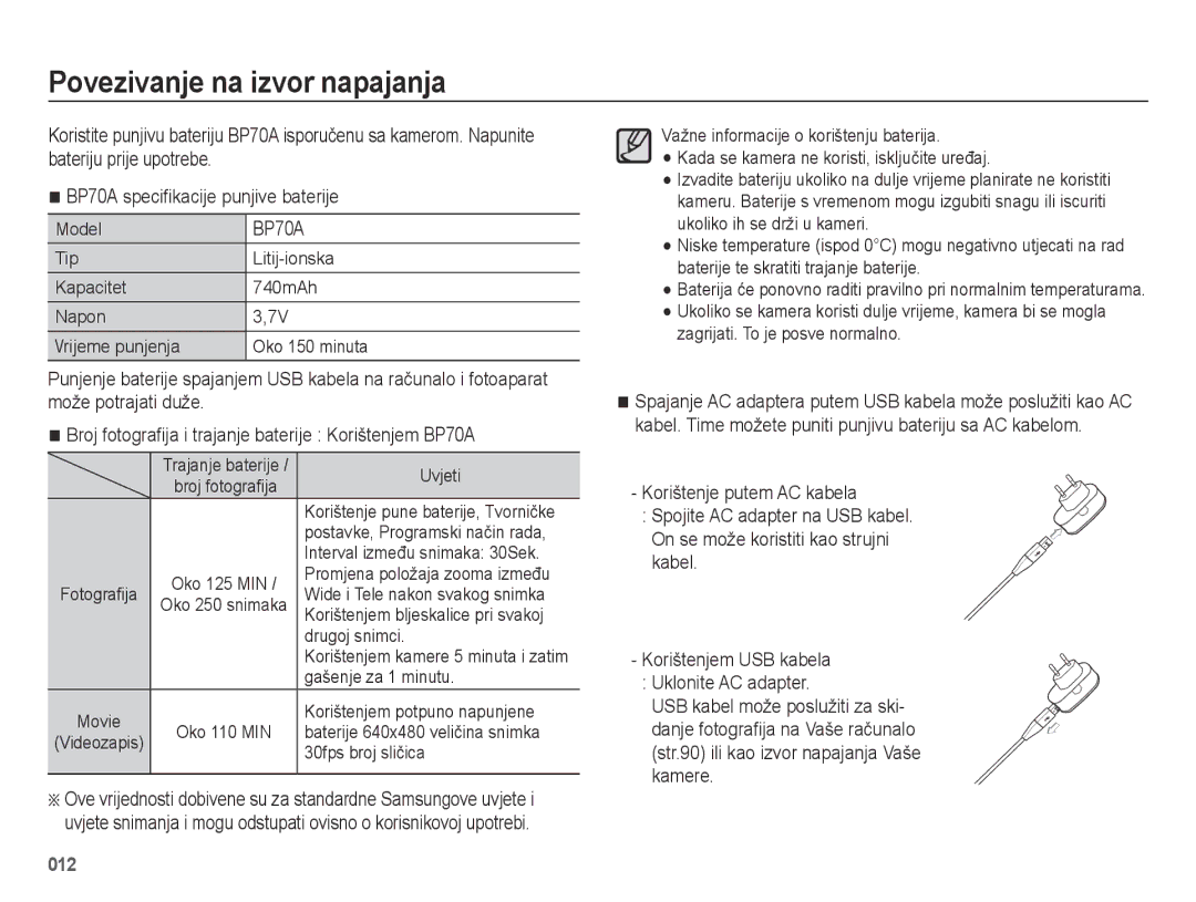 Samsung EC-ES75ZZBPSE3 manual Povezivanje na izvor napajanja 