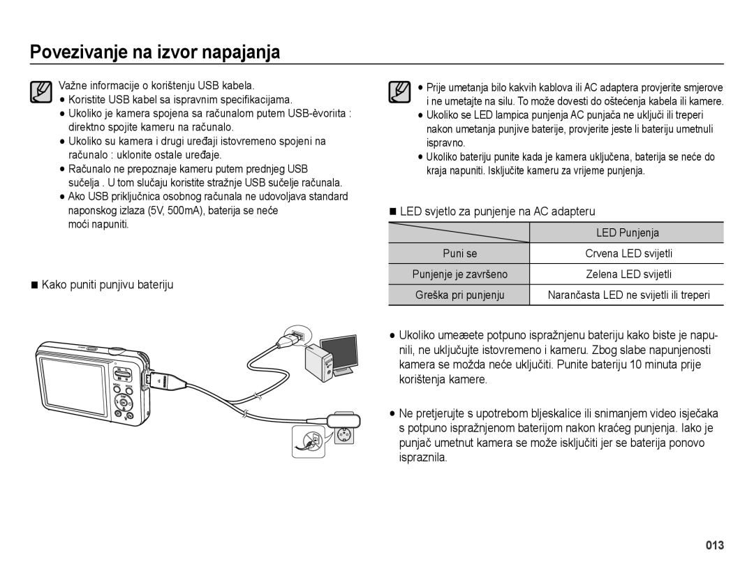 Samsung EC-ES75ZZBPSE3 Kako puniti punjivu bateriju, LED svjetlo za punjenje na AC adapteru, Moći napuniti, LED Punjenja 