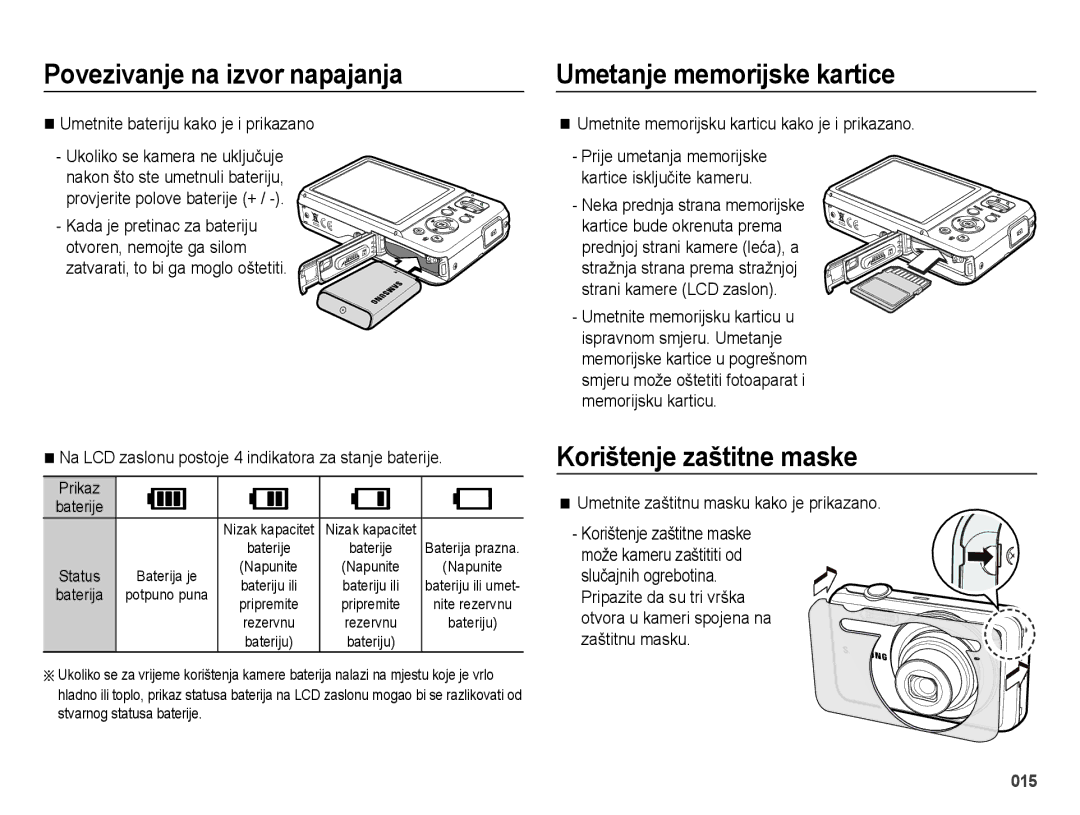 Samsung EC-ES75ZZBPSE3 manual Umetanje memorijske kartice, Korištenje zaštitne maske, Umetnite bateriju kako je i prikazano 