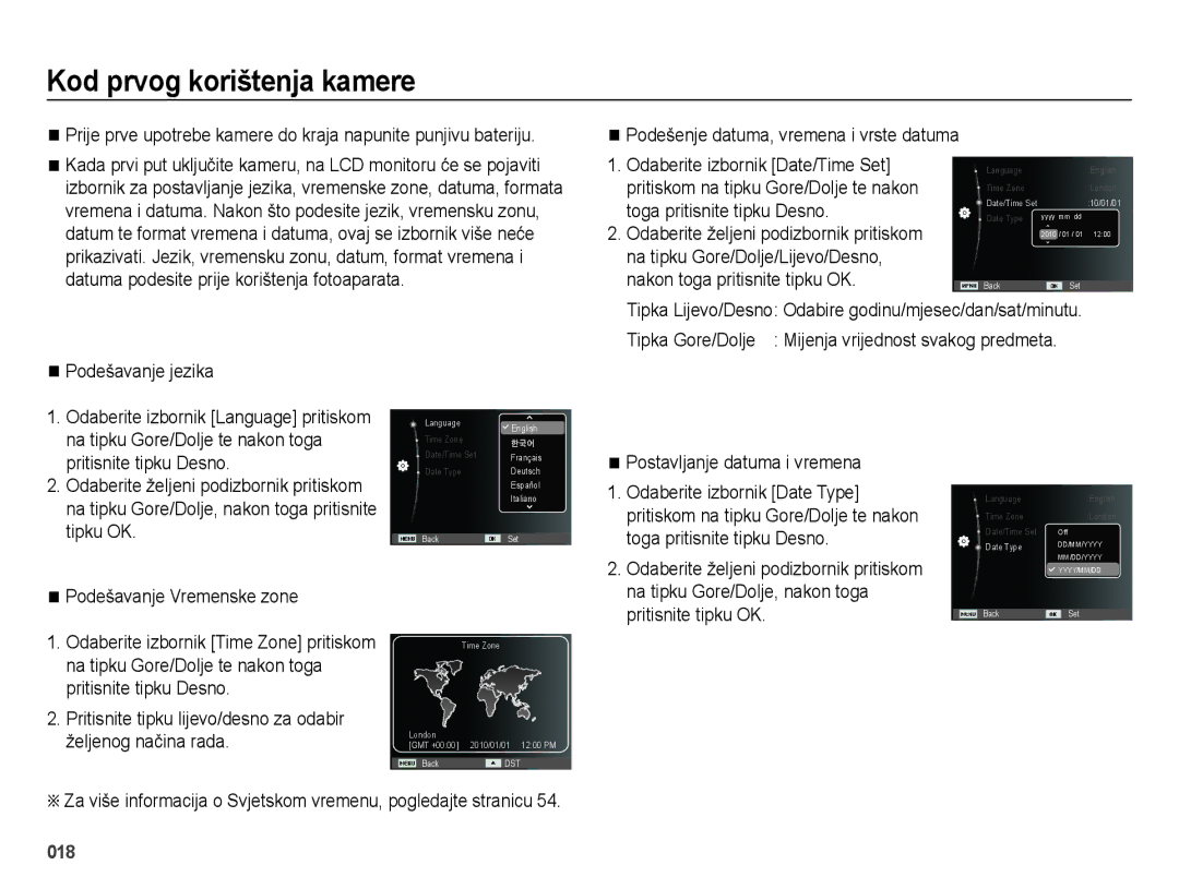 Samsung EC-ES75ZZBPSE3 manual Kod prvog korištenja kamere, Toga pritisnite tipku Desno, Postavljanje datuma i vremena 