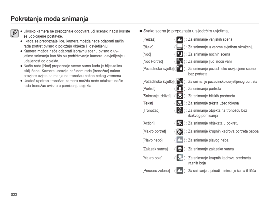 Samsung EC-ES75ZZBPSE3 manual Svaka scena je prepoznata u sljedećim uvjetima 