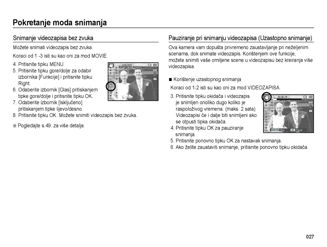 Samsung EC-ES75ZZBPSE3 manual Snimanje videozapisa bez zvuka, Right 