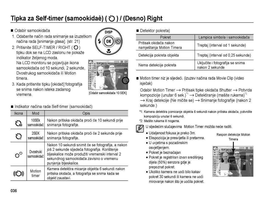 Samsung EC-ES75ZZBPSE3 manual Tipka za Self-timer samookidaè / Desno Right, Se snima nakon isteka zadanog, Vremena 