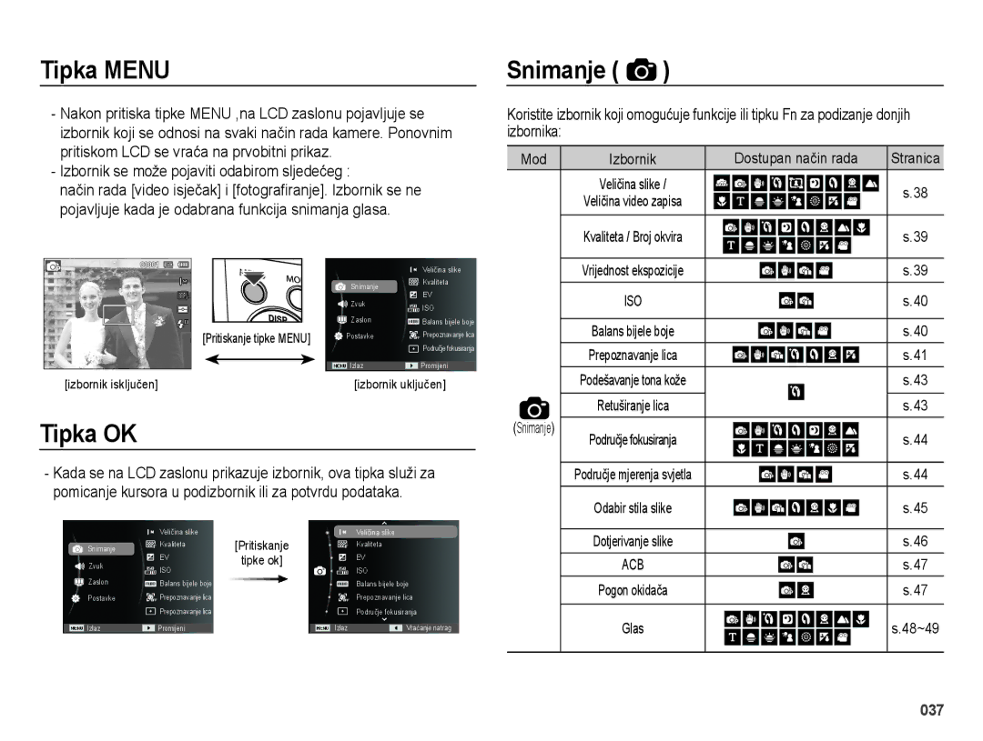 Samsung EC-ES75ZZBPSE3 manual Tipka Menu, Tipka OK, Snimanje, Izbornik se može pojaviti odabirom sljedećeg 