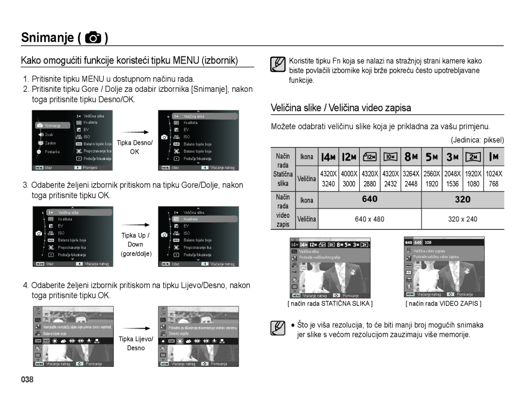 Samsung EC-ES75ZZBPSE3 manual Veličina slike / Veličina video zapisa, 768, 640 x 320 x 