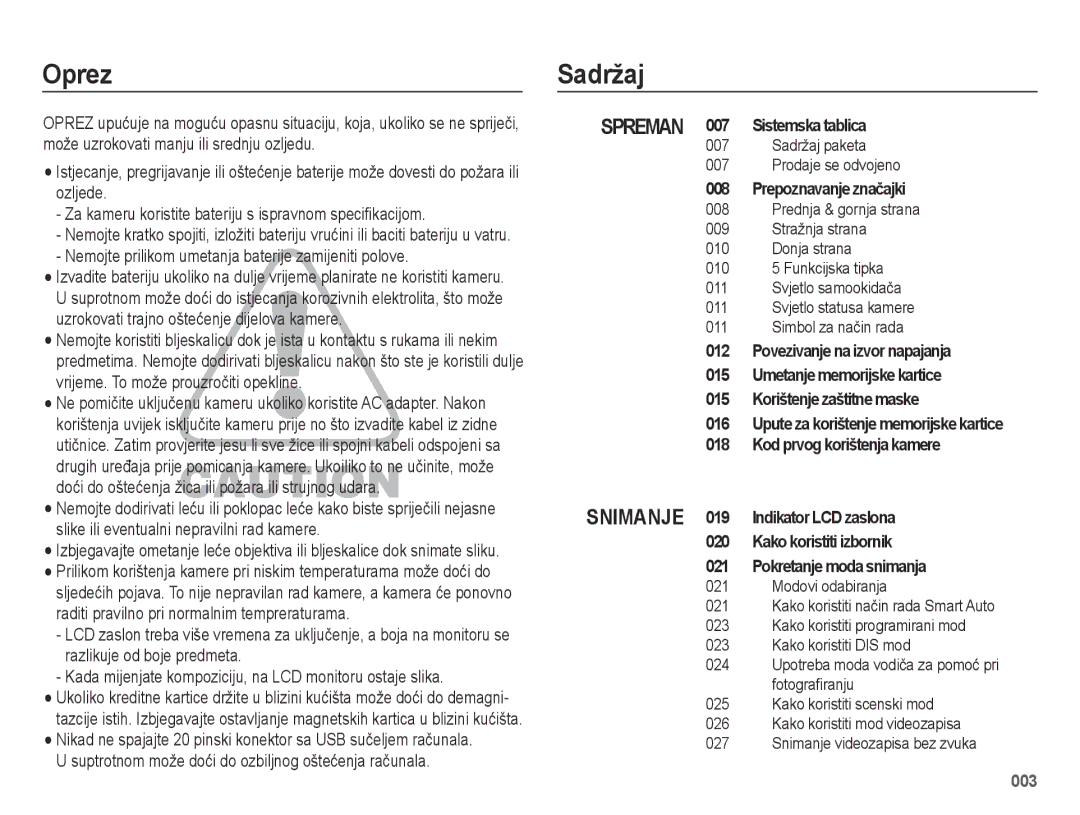 Samsung EC-ES75ZZBPSE3 manual Oprez, Sadržaj 