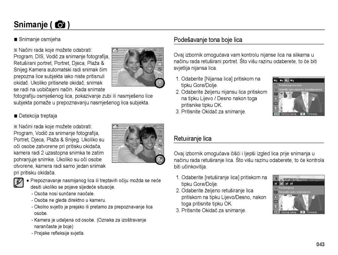 Samsung EC-ES75ZZBPSE3 manual Podešavanje tona boje lica, Retuıiranje lica 