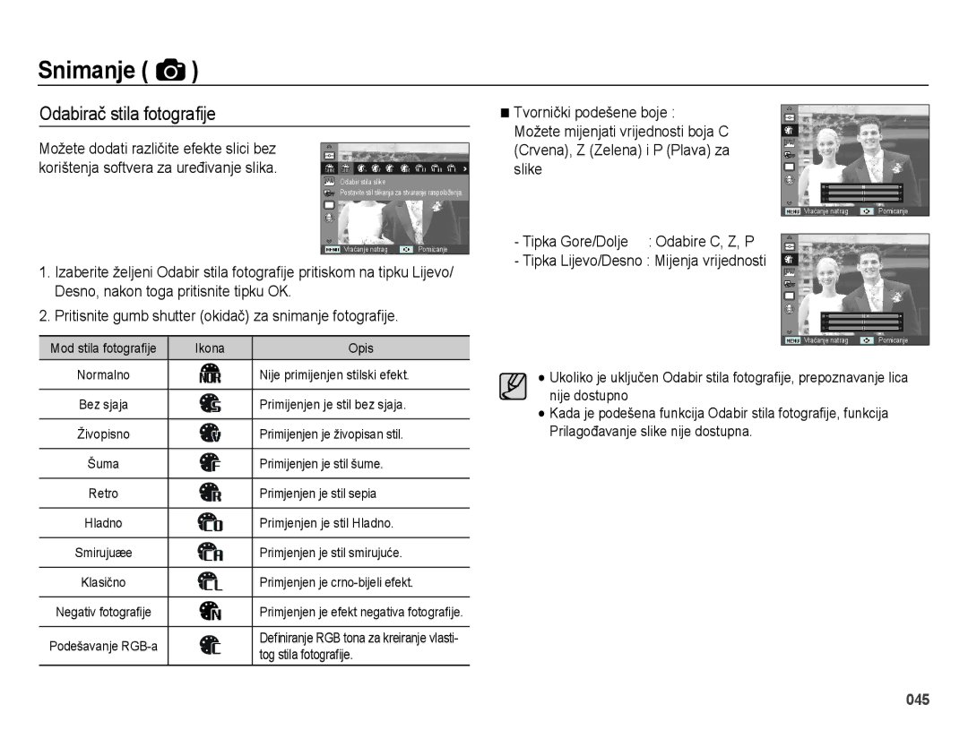 Samsung EC-ES75ZZBPSE3 manual Odabirač stila fotografije 