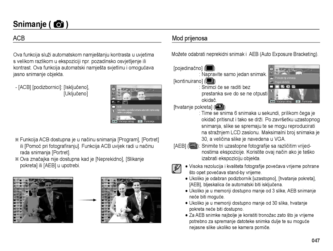 Samsung EC-ES75ZZBPSE3 manual Mod prijenosa, Napravite samo jedan snimak, Kontinuirano, Hvatanje pokreta 