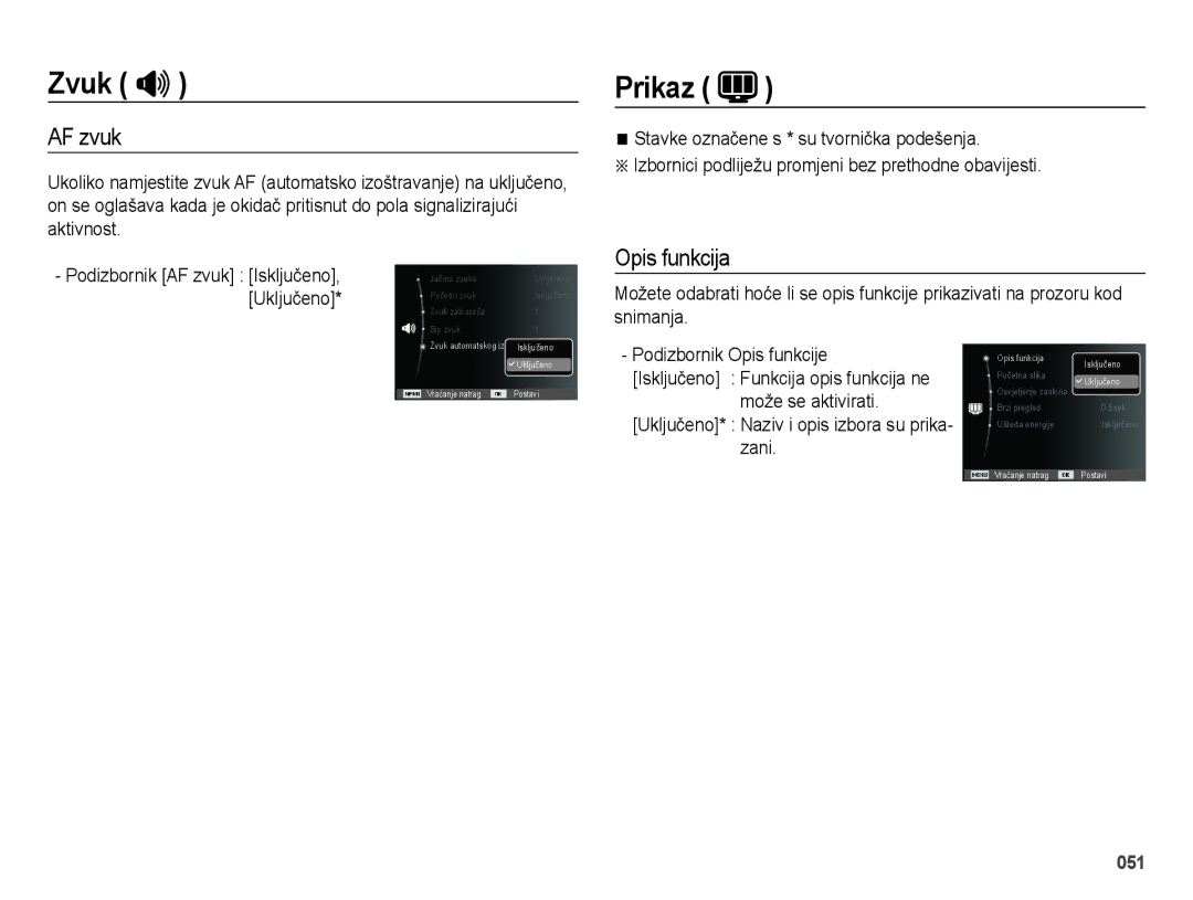 Samsung EC-ES75ZZBPSE3 manual Prikaz, AF zvuk, Opis funkcija 