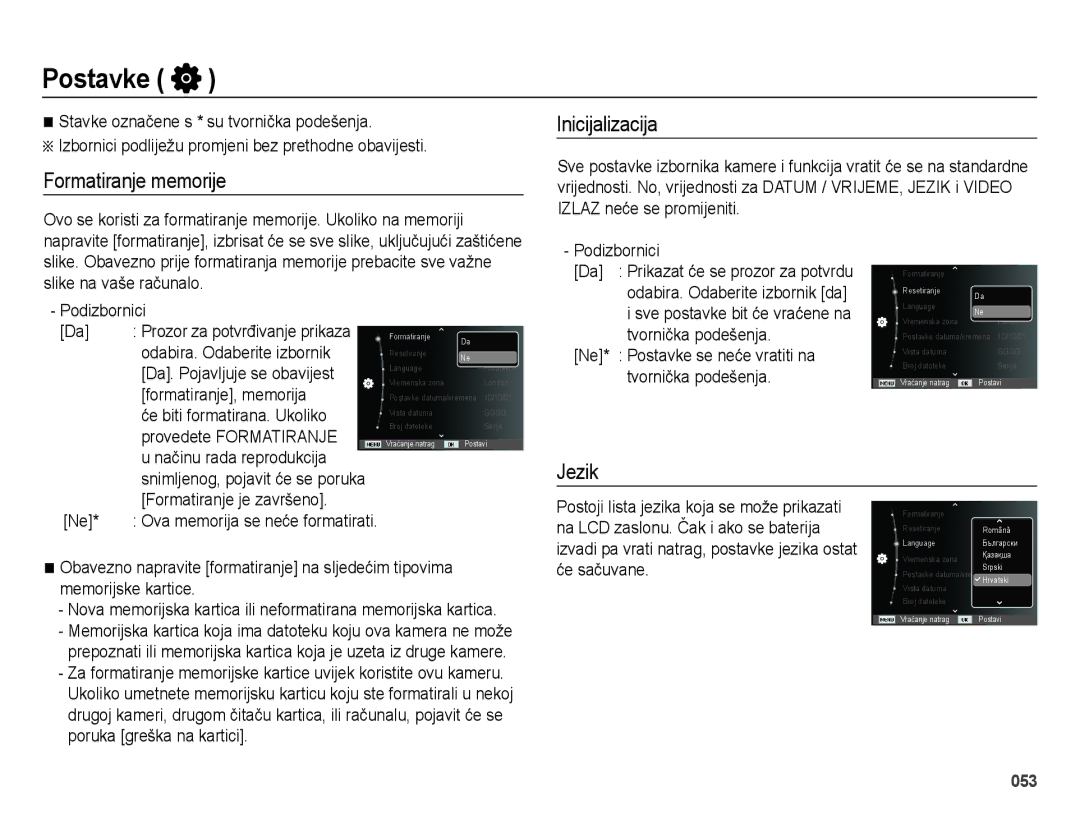 Samsung EC-ES75ZZBPSE3 manual Postavke, Formatiranje memorije, Inicijalizacija, Jezik, Formatiranje je završeno 