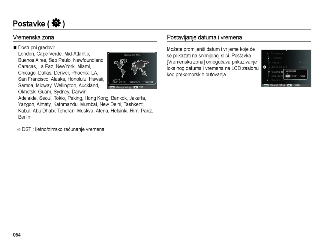 Samsung EC-ES75ZZBPSE3 manual Vremenska zona Postavljanje datuma i vremena, Dostupni gradovi 