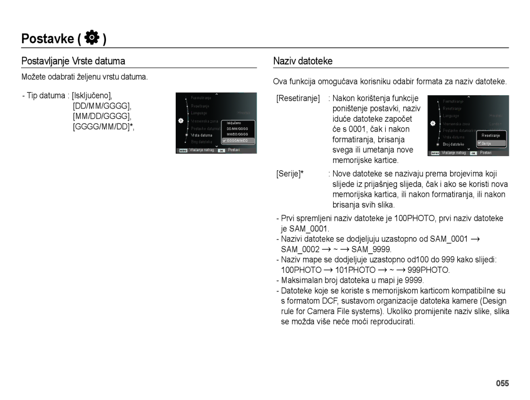 Samsung EC-ES75ZZBPSE3 manual Postavljanje Vrste datuma Naziv datoteke 